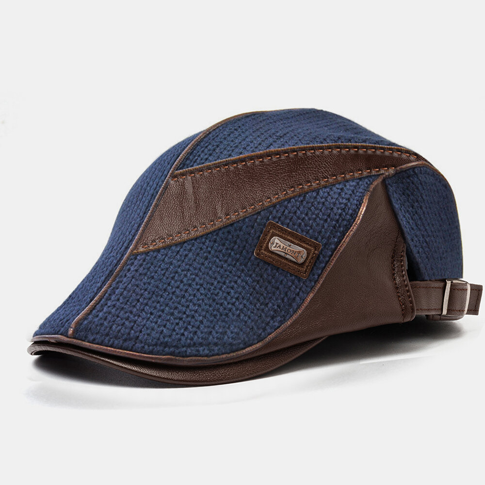 

Banggood Design Men Knit Leather Patchwork Color Casual Personality Forward Hat Beret Hat
