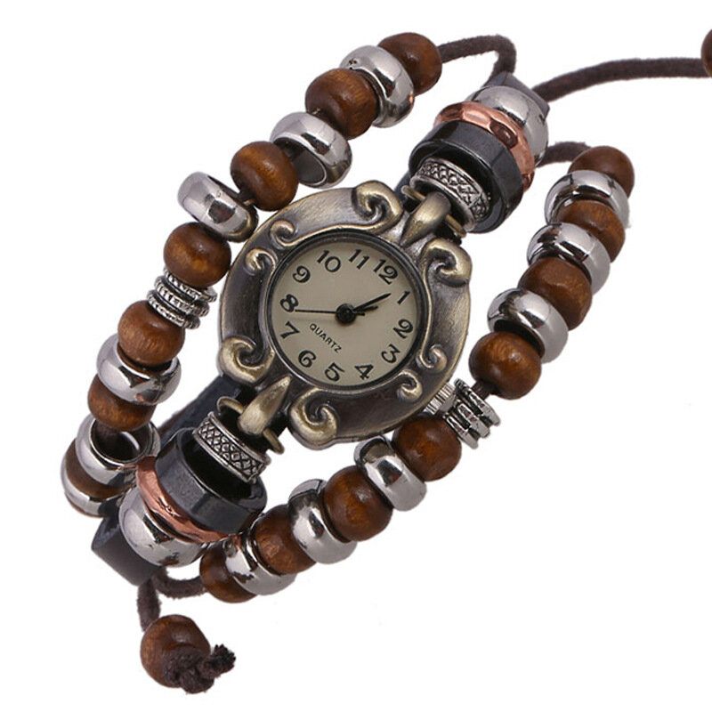 

PANGKE Vintage Multilayer Quartz Watch Adjustable Leather Band Beaded Bracelet Watch