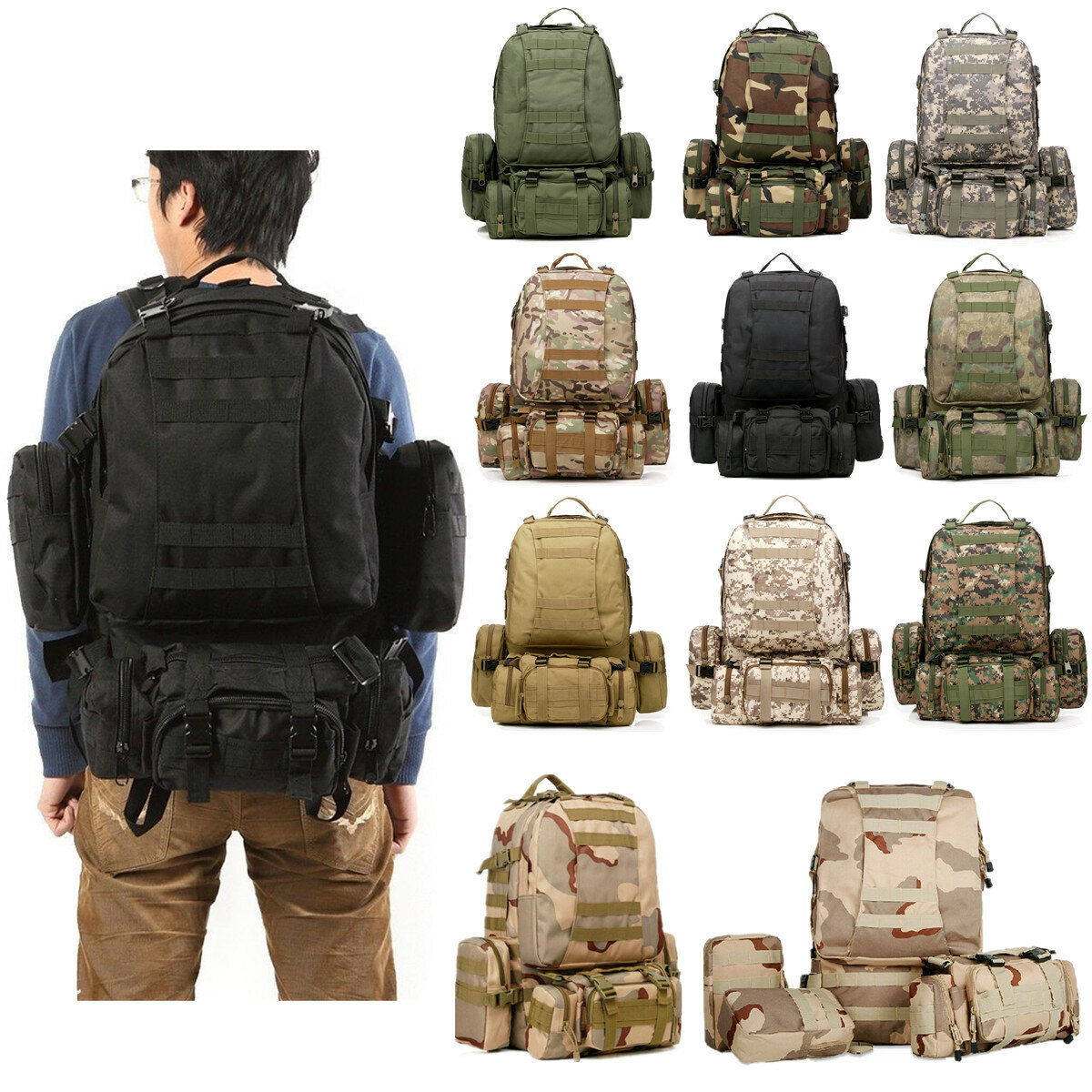 50L 600D Military Nylon Outdoor Sports Mochila mochila Camping Hiking Camouflage Shoulder Bolsa Pack