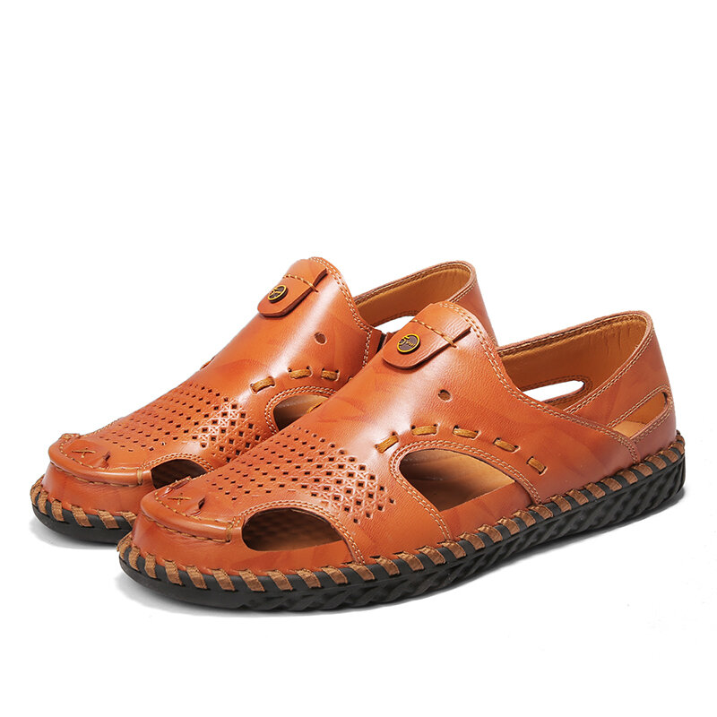 Men Cowhide Breathable Hollow Out Hand Stitching Casual Sandals
