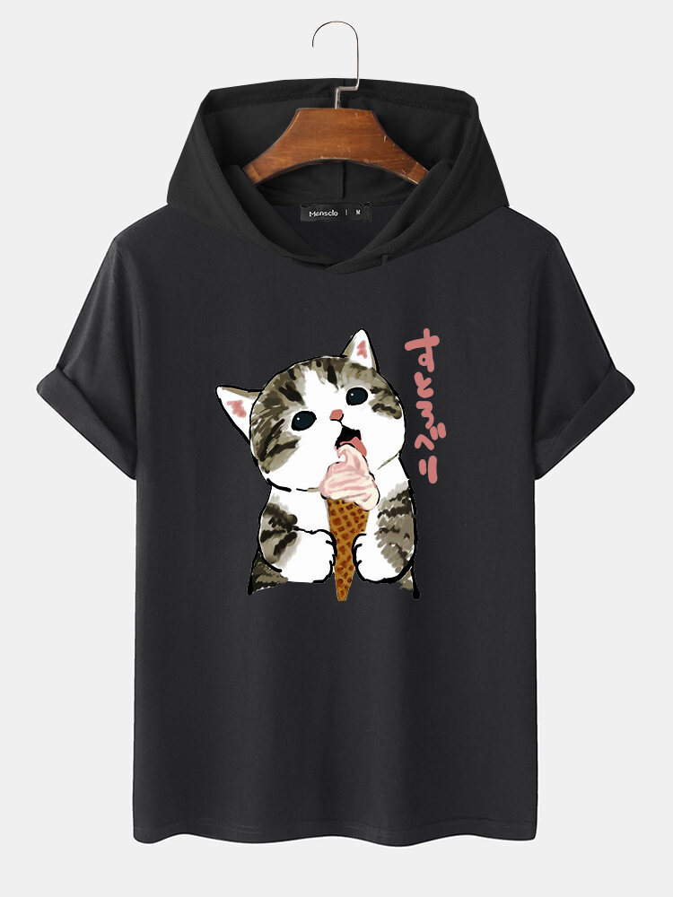 Mens Cute Cat Japanese Print Short Sleeve Drawstring Hooded T-Shirts