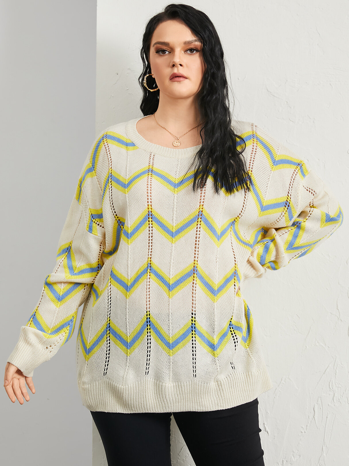 Plus Size Round Neck Wave Hollow Design Long Sleeves Sweater