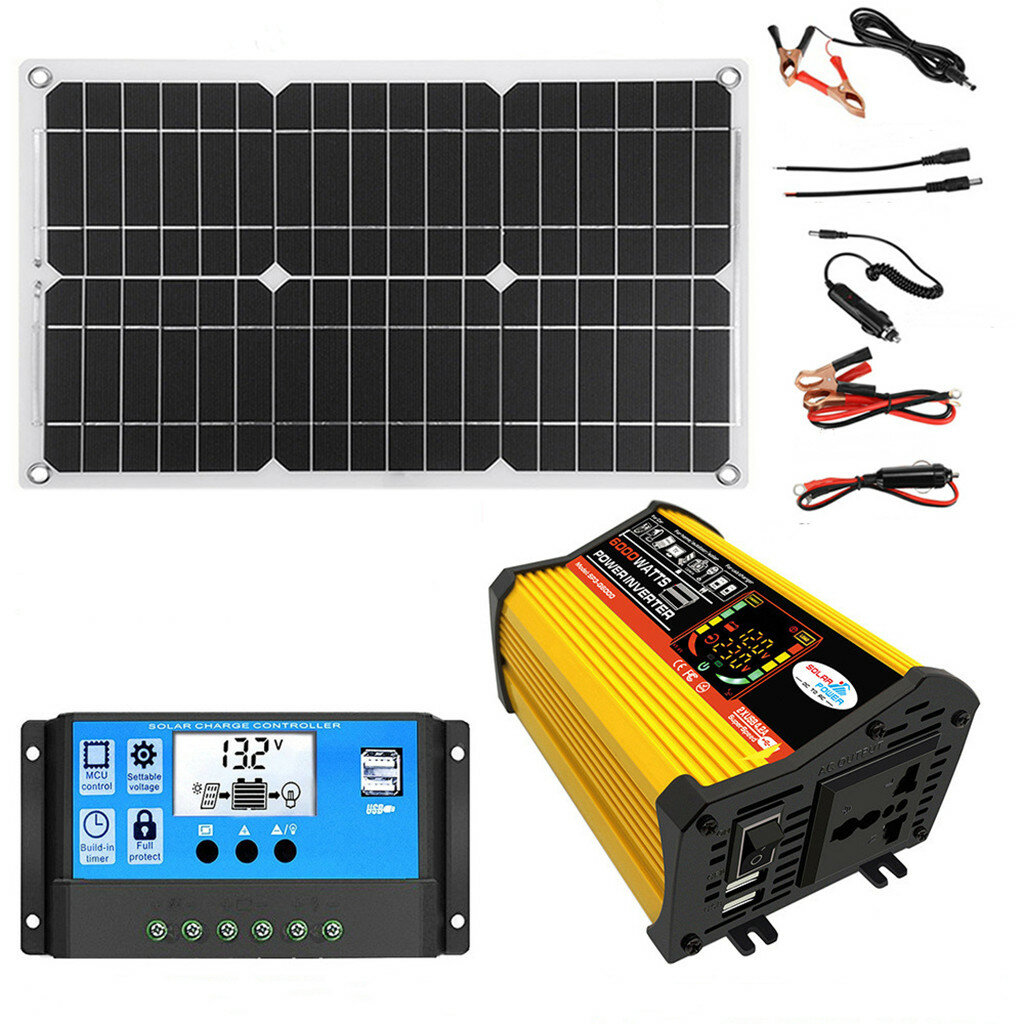 V3.0 18W 12V a 110V/220V Panel Solar Sistema de Energía Solar Portátil Inversor de Corriente de 4000W con 2 Puertos USB Controlador de Carga Solar de 30A Pantalla LED