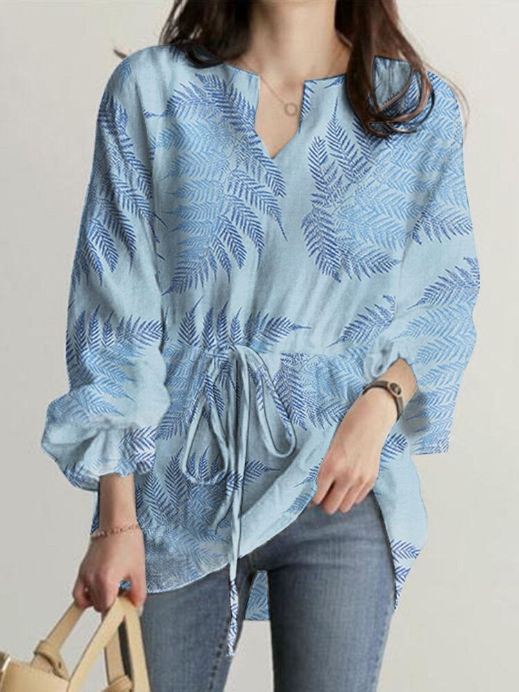 Bladerenprint Taille-blouse met lange mouwen en inkepingen