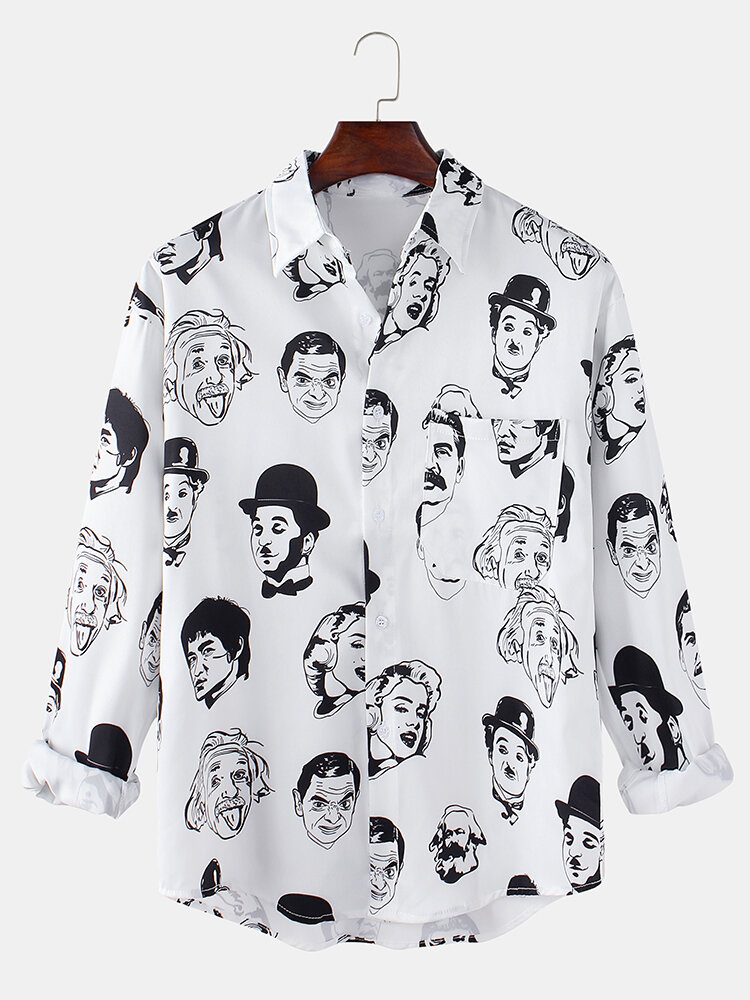 Heren Celebrity Face Print Borstzak Eenvoudige shirts met lange mouwen