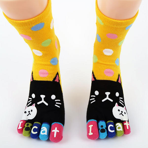 Women Cute Cartoon Cat Five Toes Socks Thick Warm Middle Tube Sock