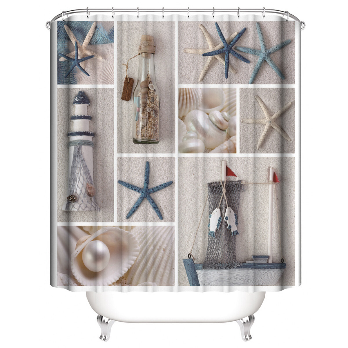 Waterproof Polyester Fabric Blue Sea Life Sea Shell Waterproof Shower Curtain 180*180cm