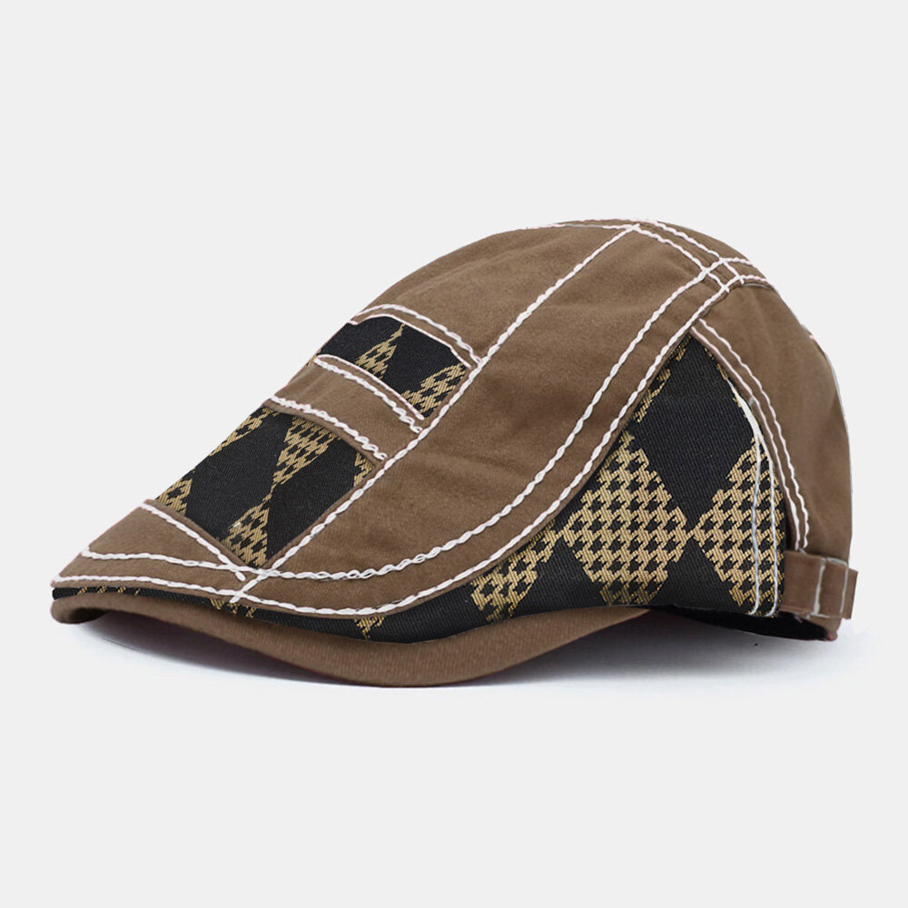 

Collrown Men Polyester Cotton Color Contrast Patchwork Geometric Pattern Casual Sunshade Beret Flat Cap