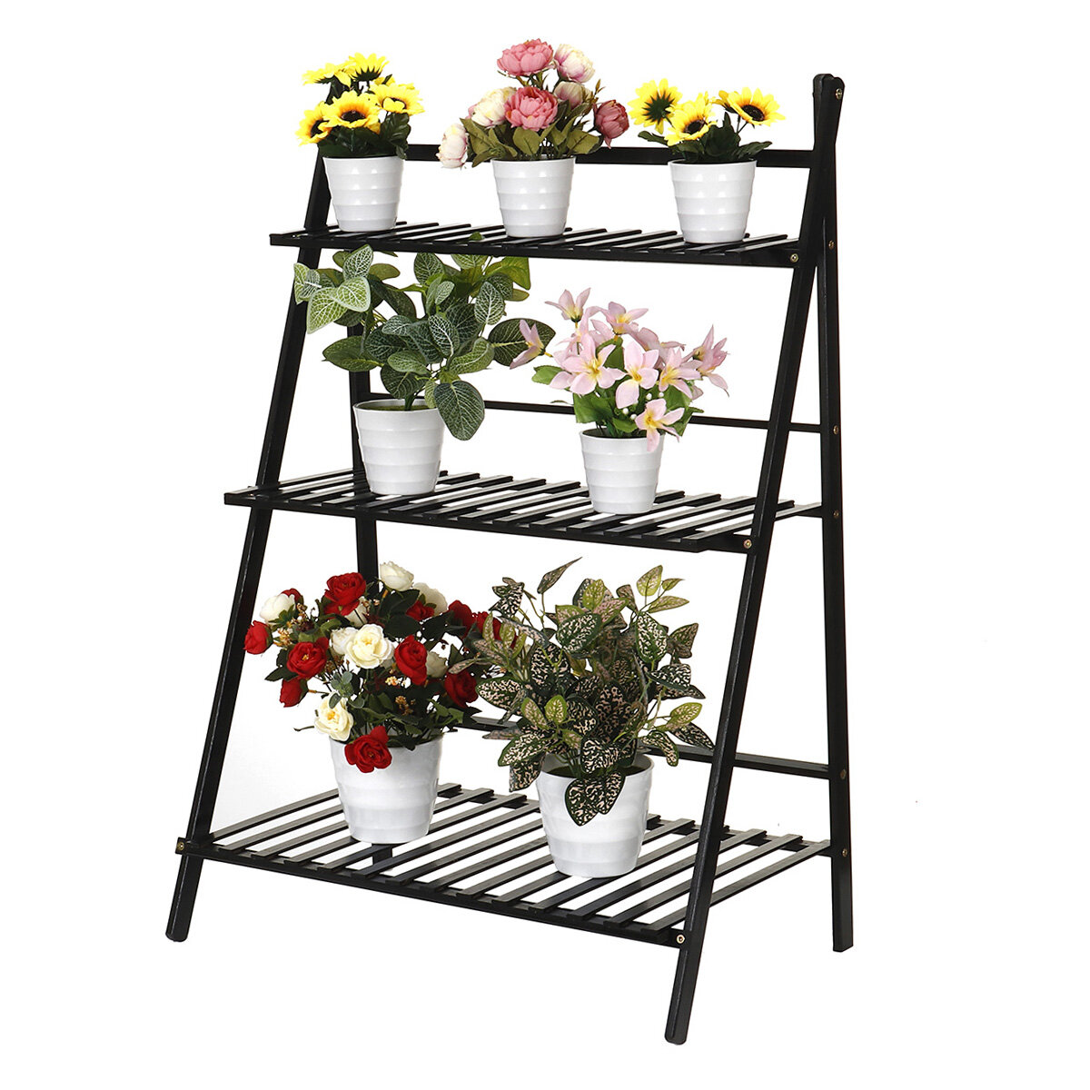 Folding Plants Stand 3 Tier Ladder Shelf Wood Bookshelf Storage Rack Home Decor
