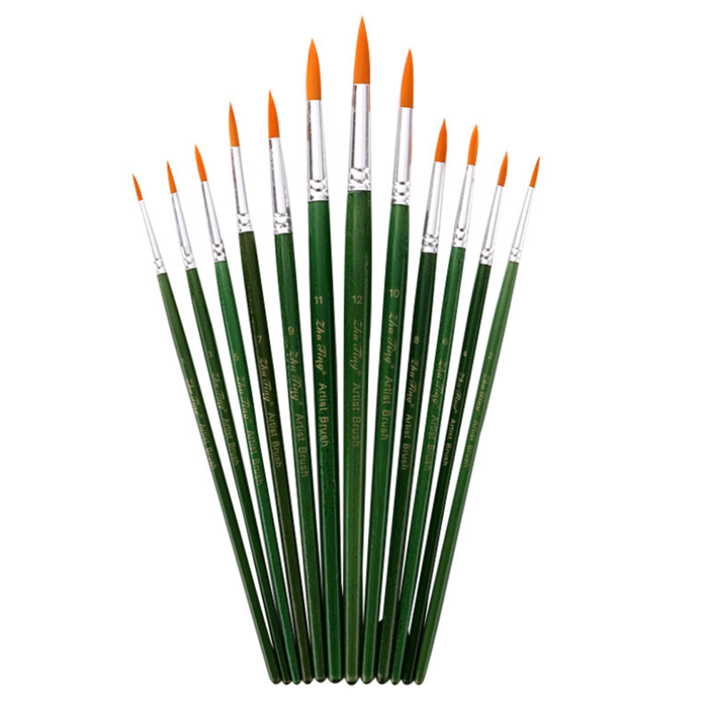 12-delige schilderborstel Nylon haar groen hout penhouder olieverf haak lijn pen voor acrylverfbenodigdheden