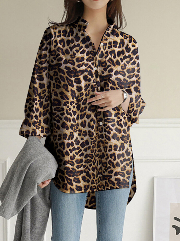 Women Leopard Lapel High Low Split Hem Loose Long Sleeve Blouses