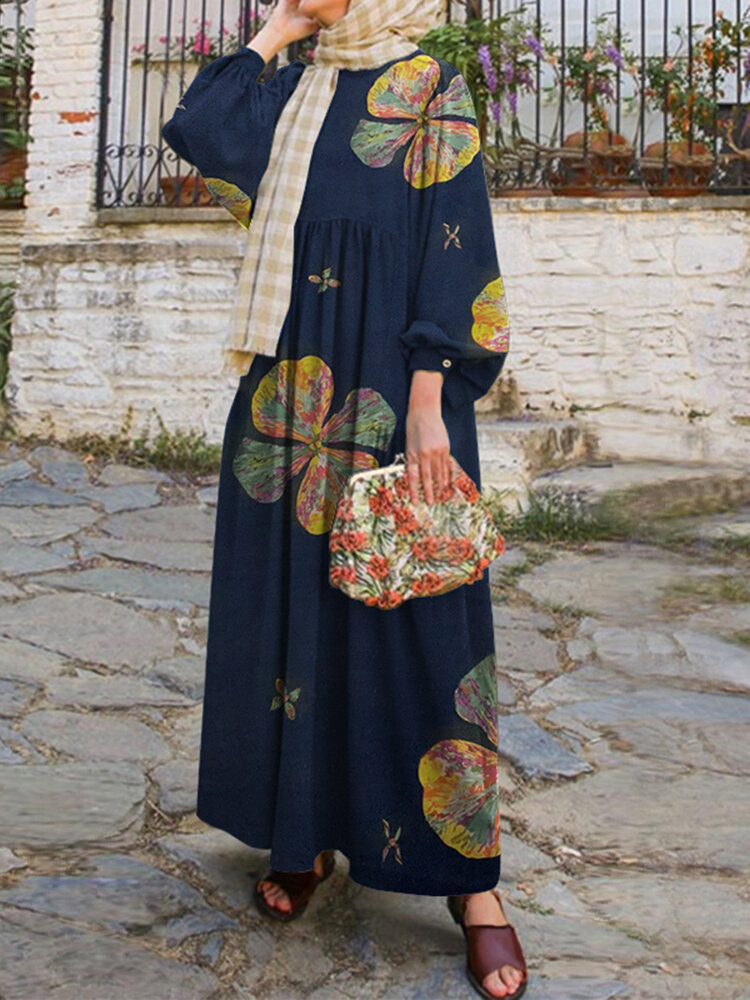Vrouwen Floral Leaf Printing Puff Sleeve Moslim Jurk Abaya Kaftan Casual Dress