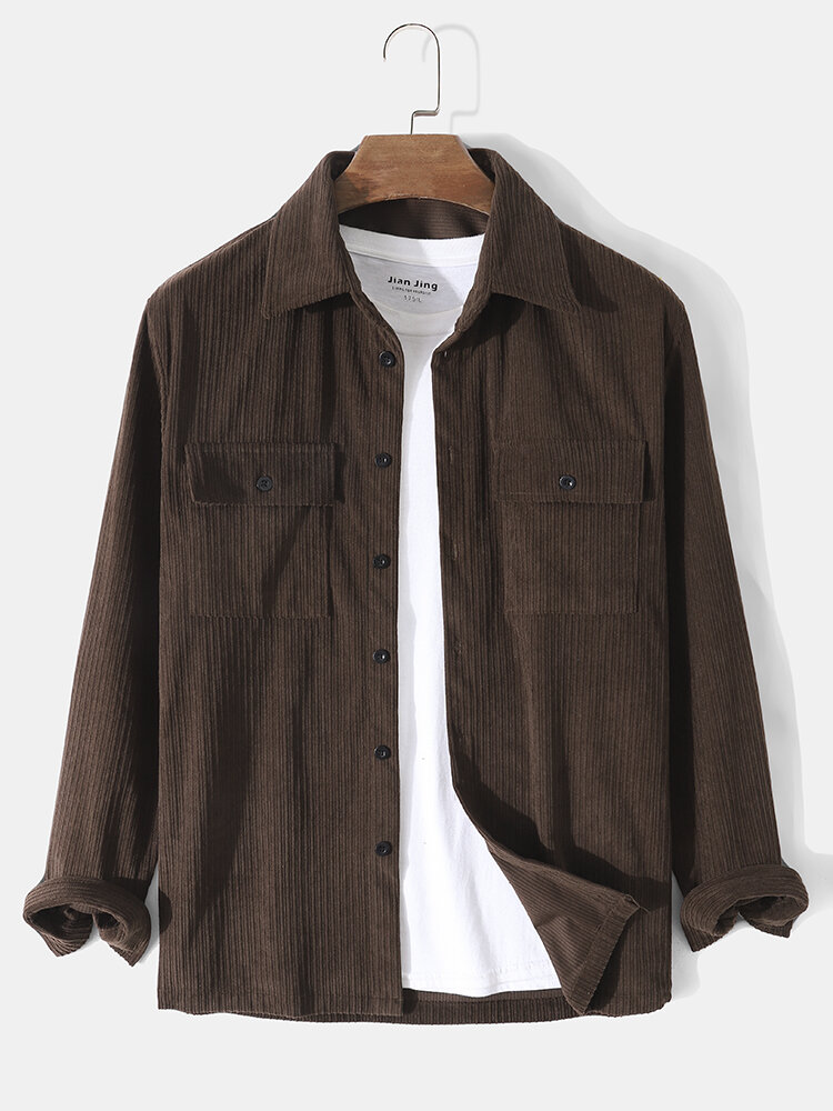 

Men Corduroy Solid Ribbed Side Flap Double Pockets Casual Shirts