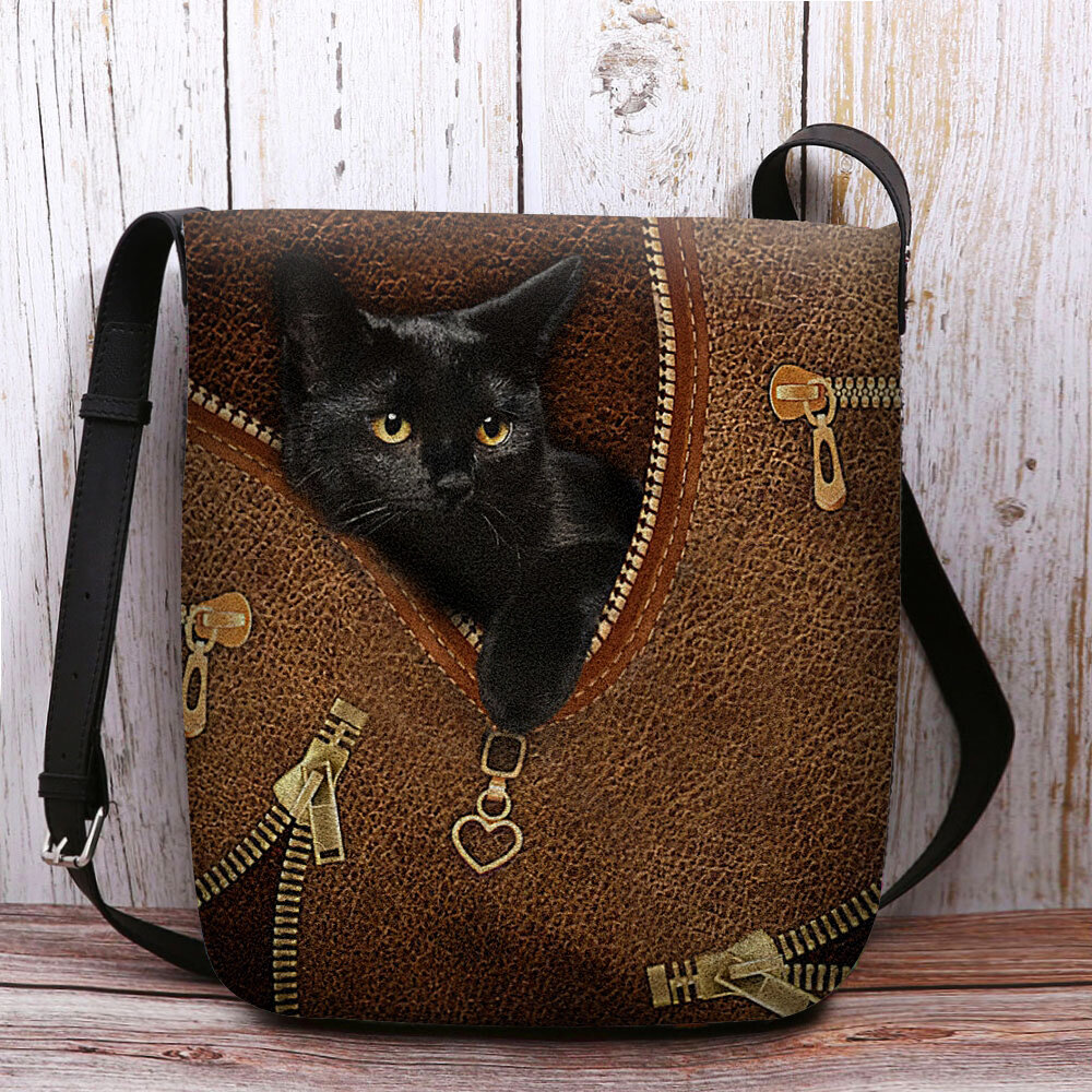 Women Felt Casual Cute 3D Cartoon Black Cat Printing Pattern Crossbody Bag Shoulder Bag