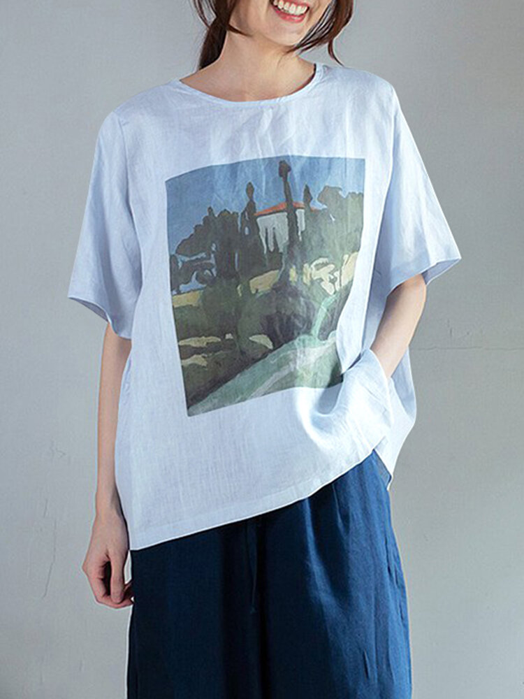 Katoenen losse casual T-shirt met ronde hals en korte mouwen met landschapsprint