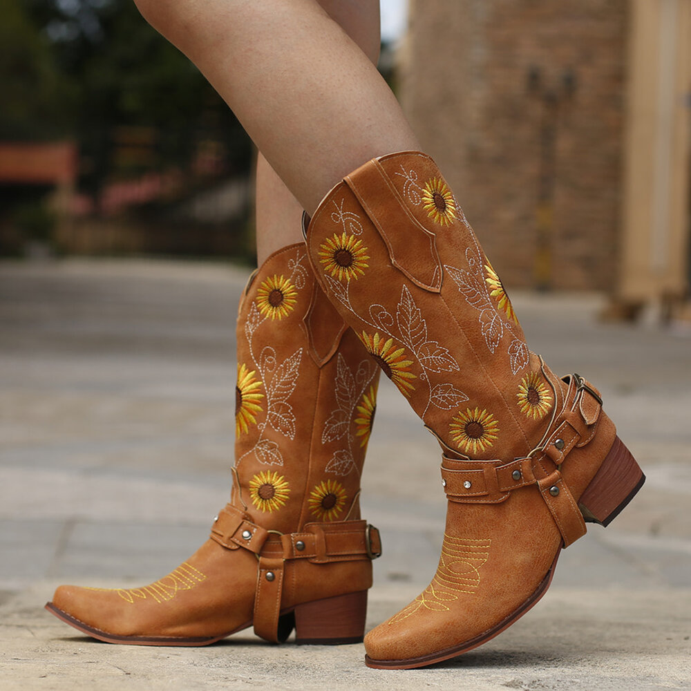 Women Retro Sunflowers Pattern Pointed Toe Chunky Heel Harness Cowboy Boots