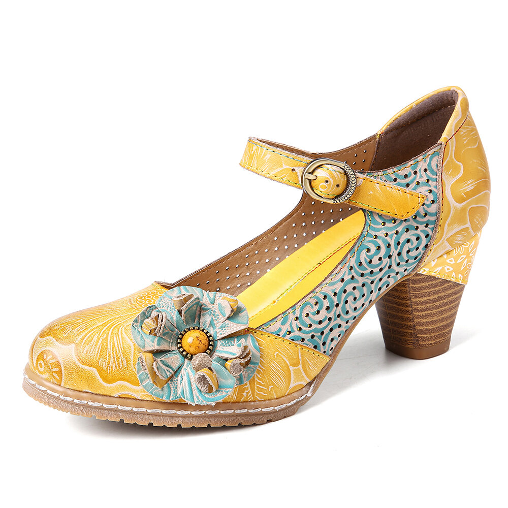 SOCOFY Floral lederen gesp enkelband Chunky Heel Pumps Mary Jane nette schoenen