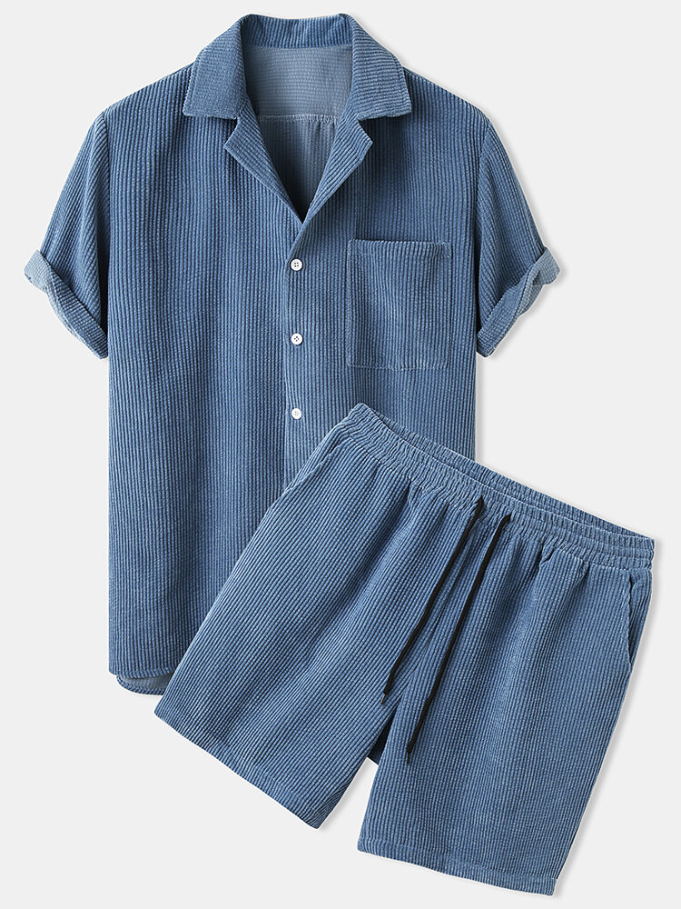 

Mens Light Corduroy Solid Color Patch Pocket Elastic Waist Breathable Shirt & Shorts
