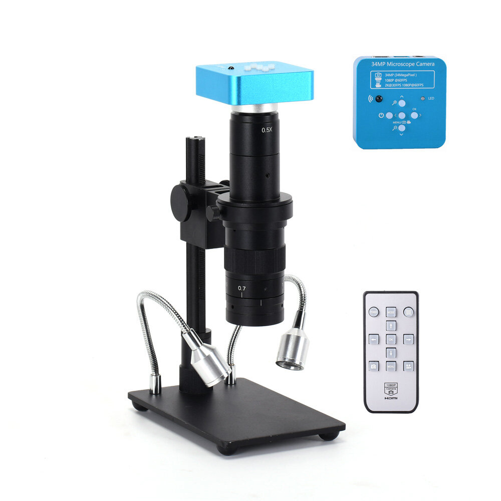

34MP 2K Industrial Microscope Camera HDMI USB Outputs 180X C-mount Lens LED Light Small Boom for PCB Repair Soldering