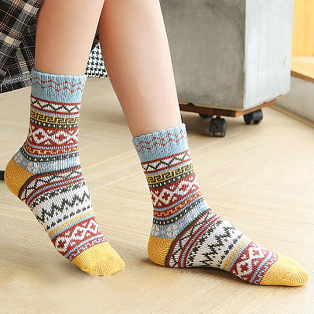 5 Pairs Women Wool Cotton Thickened Geometric Striped Dot Pattern Breathable Warmth Socks Tube Sock