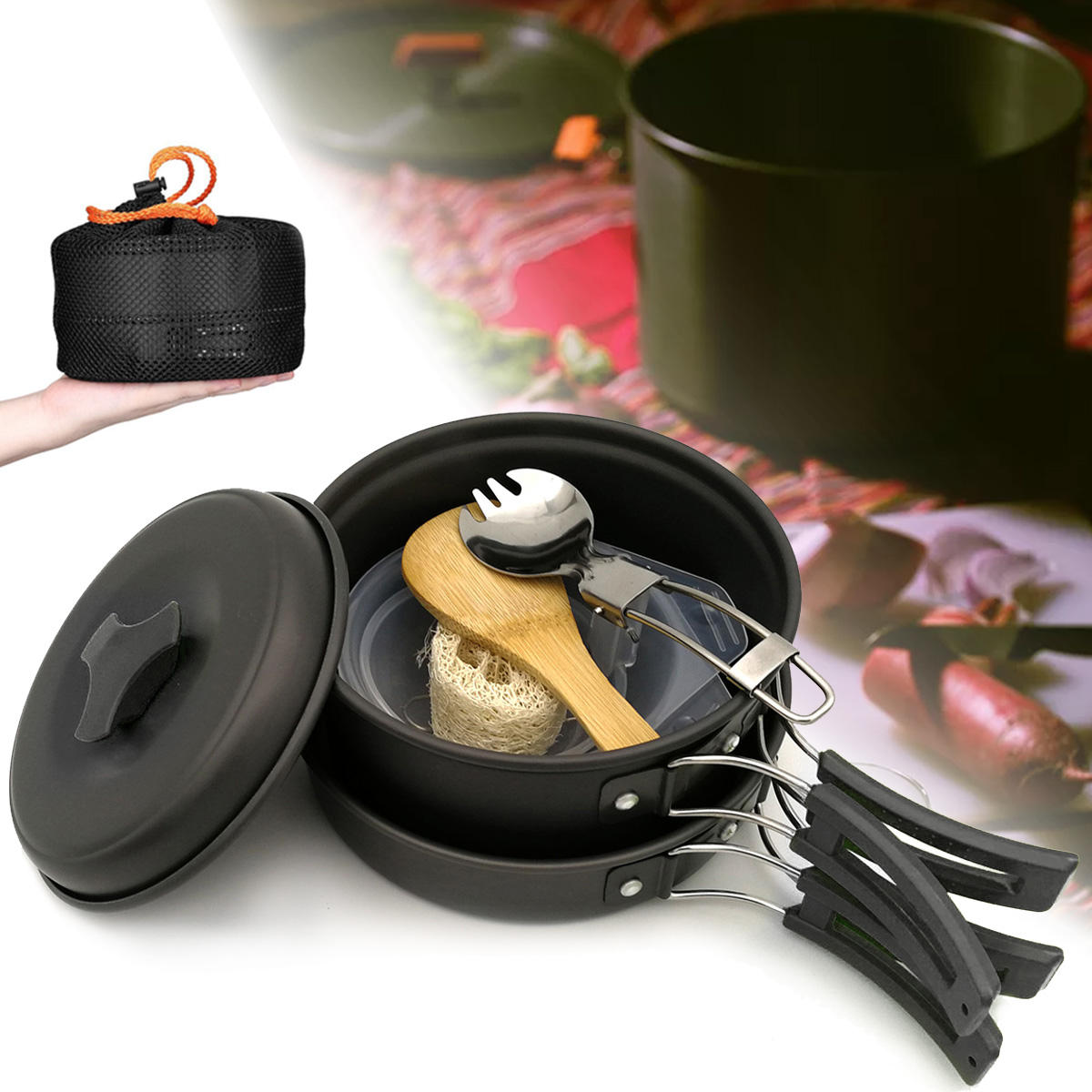 Рюкзак с набором посуды на 1-2 человека для приготовления пищи на газовой горелке с баллонами Butane Propane Canister, включающий кастрюлю, сковороду, миску и столовые приборы для пикника и барбекю.
