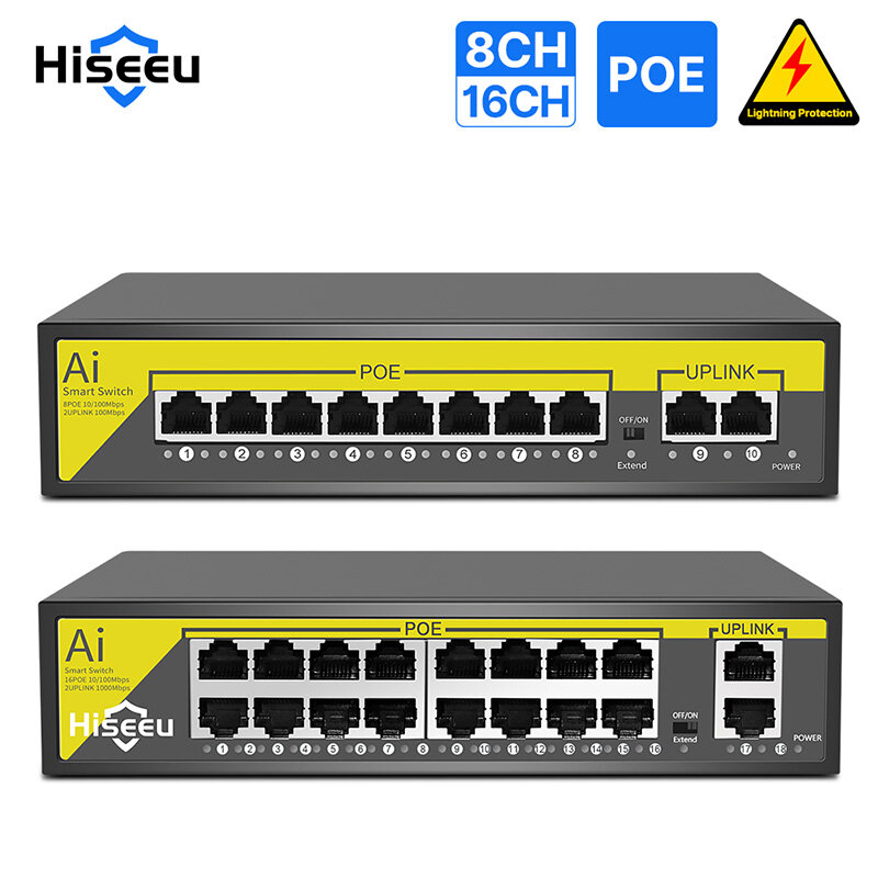 

Hiseeu 48V 8/16CH POE Ports Switch Ethernet 10/100Mbps IEEE 802.3 af at for IP Camera CCTV Security Camera System/Wirele
