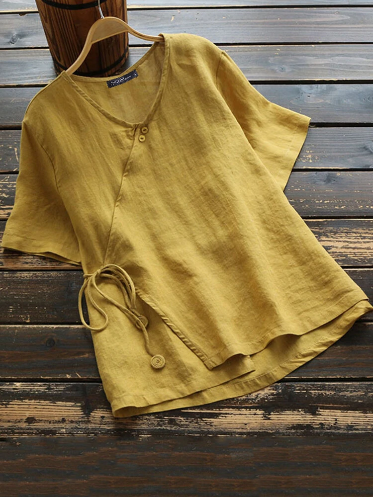 Women cotton button v-neck solid color blouse