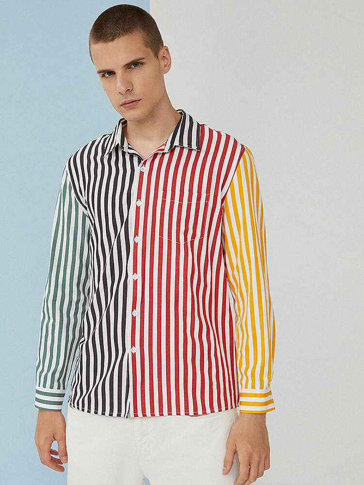 

Mens Patchwork Vertical Stripes lapel Pocket Long Sleeve Cotton Shirts