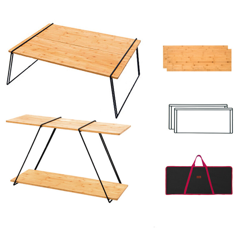 Mesa de madera desmontable 2 en 1 IPRee® al aire libre cámping Mesa de comedor plegable portátil con combinación de mesa Estante de almacenamiento