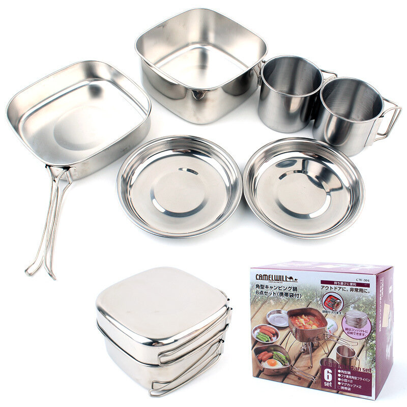 Outdoor Picnic Pot Pan Kit Stainless Steel Tableware Plate Bowl Cup Pan Cover for Camping Cooking
