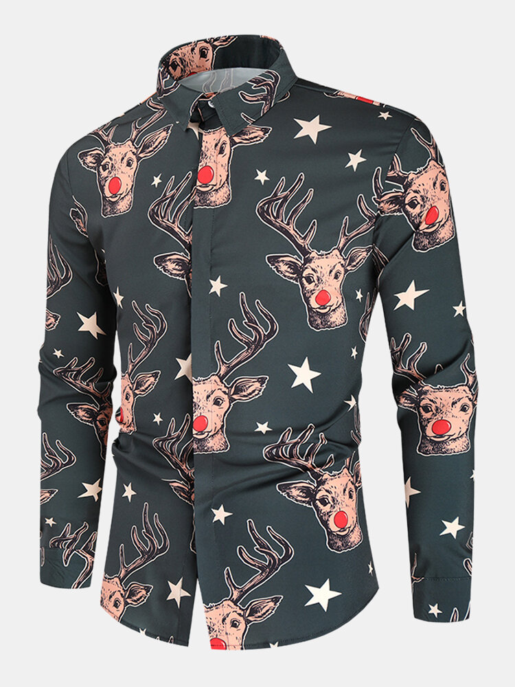 Kerst cartoon elanden print lange mouw zwarte shirts voor mannen
