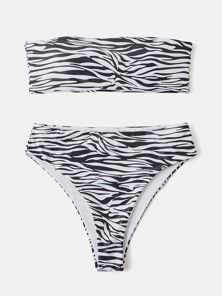 Vrouwen Animal Print Bandeau Backless Bikini Thong Swimsuit