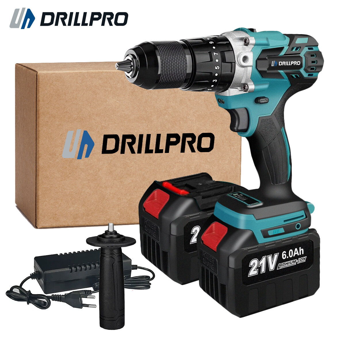 

Drillpro 21V High Torque Brushless Electric Drill with 1/2" Keyless Chuck LED Light 3-in-1 Functions 0-1800rpm Speed Inc