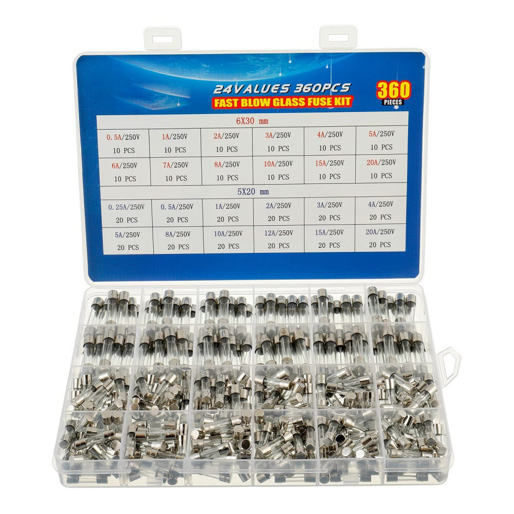 

360PCS 24 Values Fast-Blow Glass Fuses Assortment Kit 5x20mm 250V 0.25 0.5 1 2 3 4 5 8 10 12 15 20A 6x30mm with Clear Pl