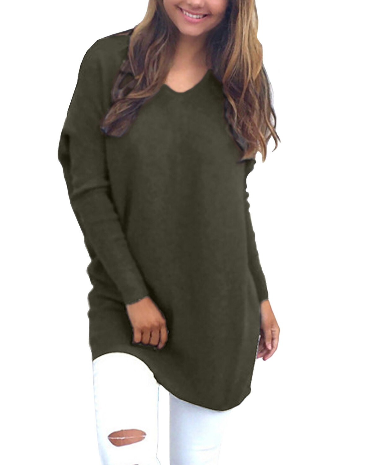 Women Long Sleeve V Neck Casual Loose Solid Pullover Shirt Blouse