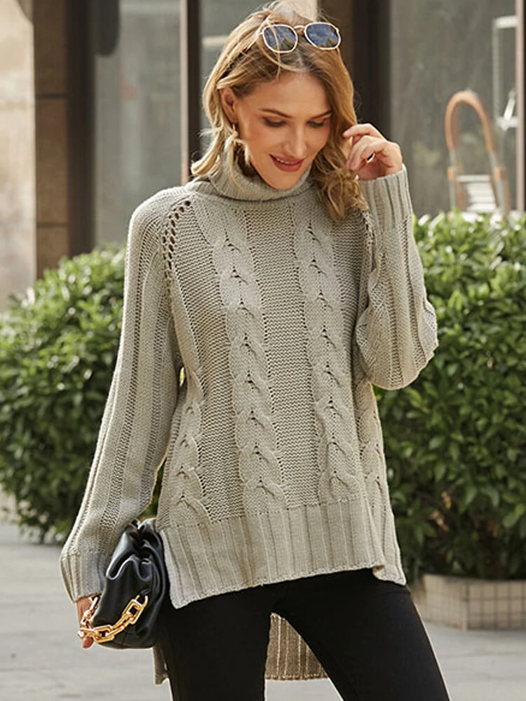 Solid high-low cable knit turtleneck long sleeve sweater