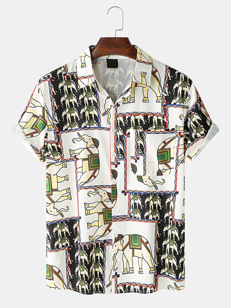 Casual overhemden in etnische stijl met olifantprint en revers