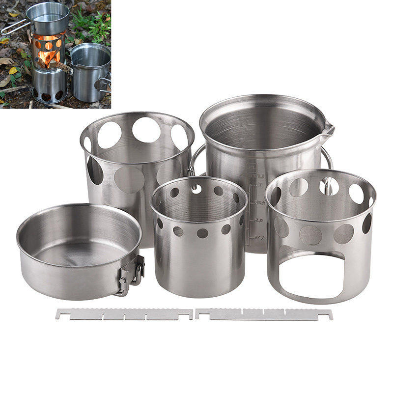AOTU Camping Stove Set Portable Wood Burning Furnace Picnic Pot Portable Stainless Steel Cookware