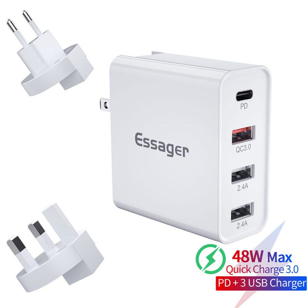 

Essager 48 Вт 4 порта PD QC3.0 USB-зарядное устройство Быстрая зарядка Стена для путешествий ЕС / США / Великобритания д
