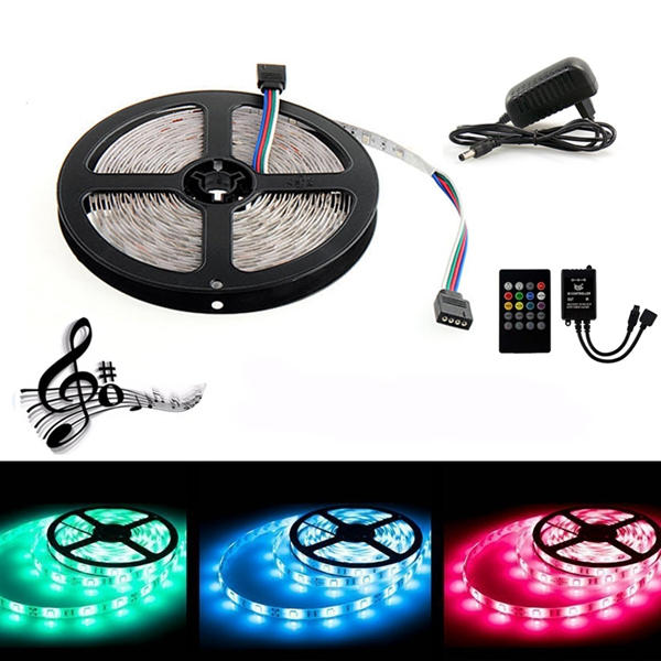 5M 300 LED SMD3528 Waterproof RGB Flexible Strip with Music Controller DC12V 2A Power Adapter