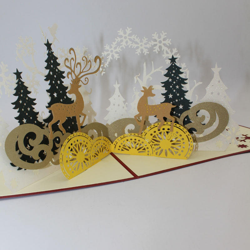 Christmas Forest Deer 3D Pop Up Greeting Card Christmas Gifts Party Greeting Card Paper Carving Gift