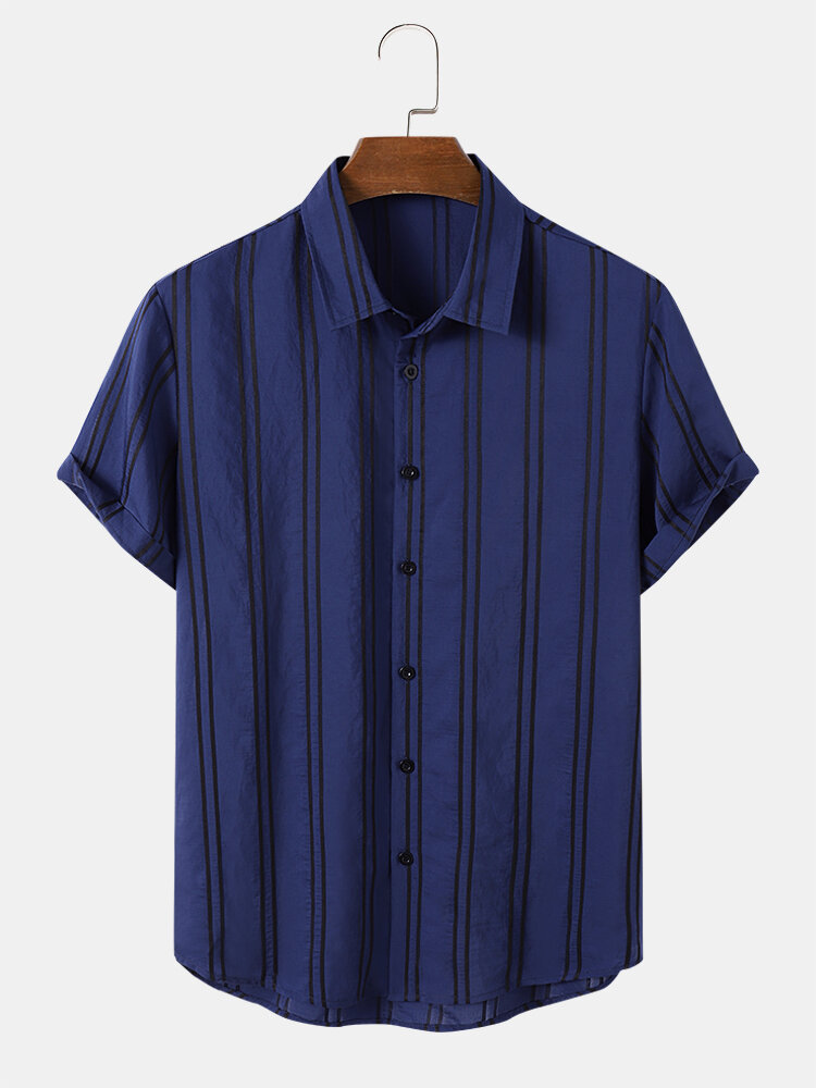Mens Jacquard Striped Button Up Daily Short Sleeve Shirts