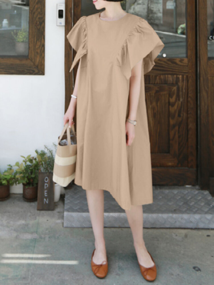 100 Cotton Loose Ruffles Solid Dress