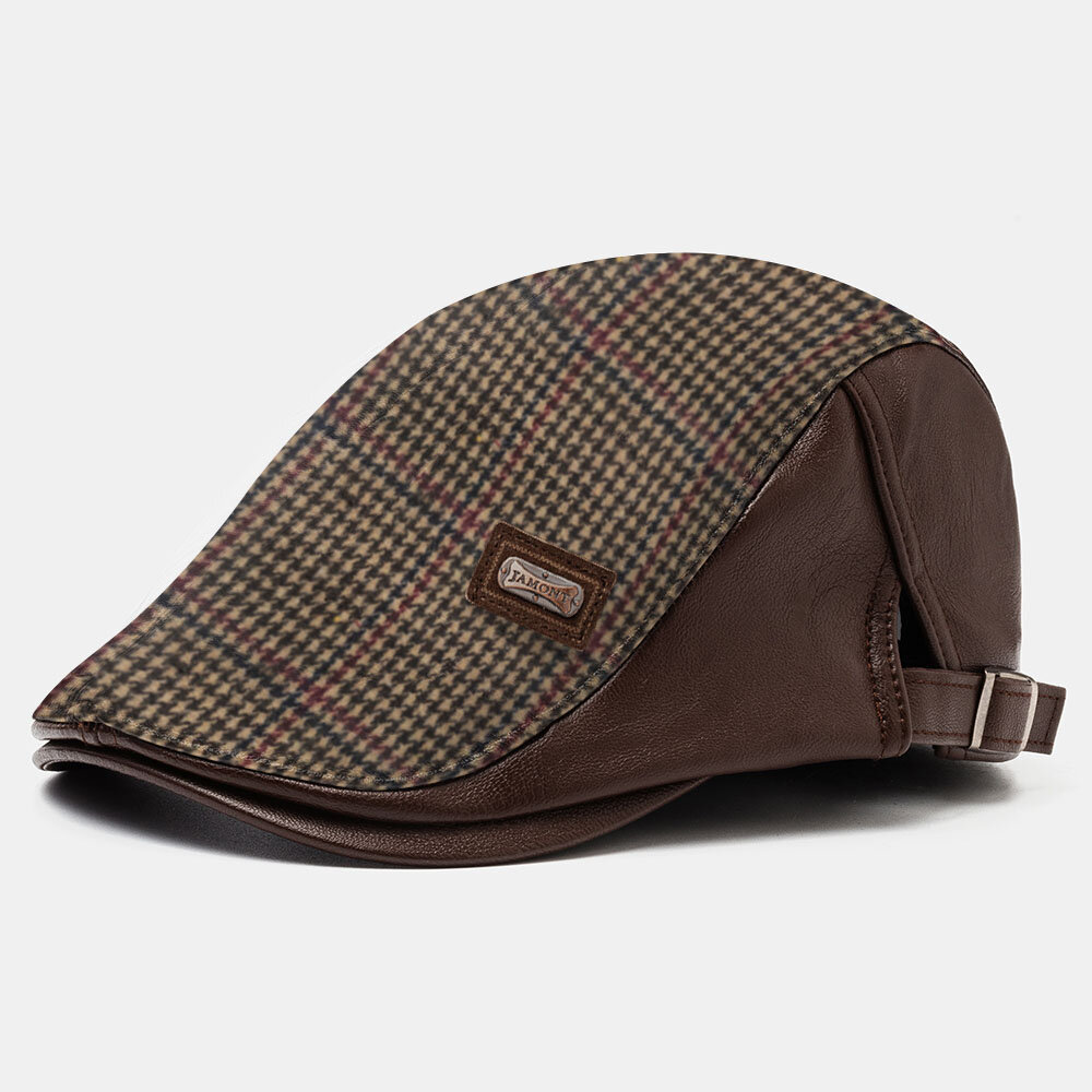 Banggood Design Men Knit Leather Contrast Color Adjustable Latice Pattern Casual Outdoor Beret Hat