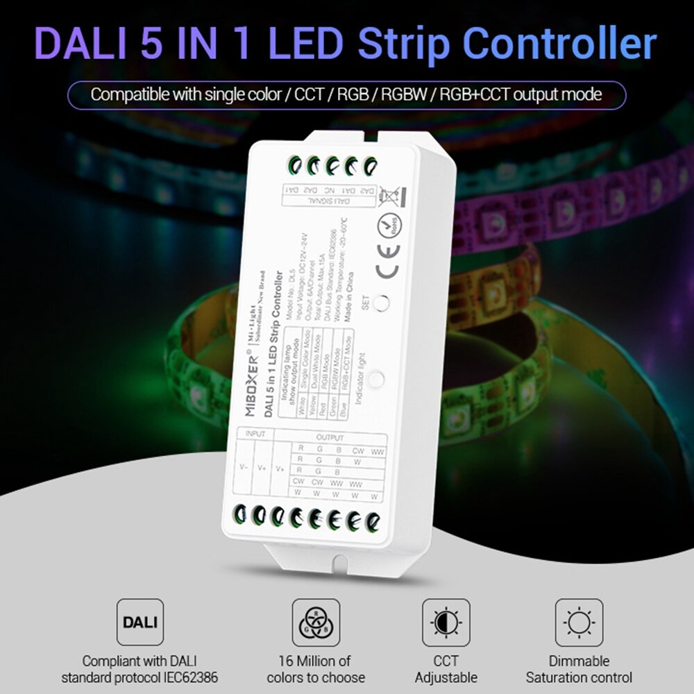 MiBOXER DL5 5 IN 1 LED Strip Controller Common Anode Compatible with remote control/DALI Bus Power Supply DC12-24V  - buy with discount