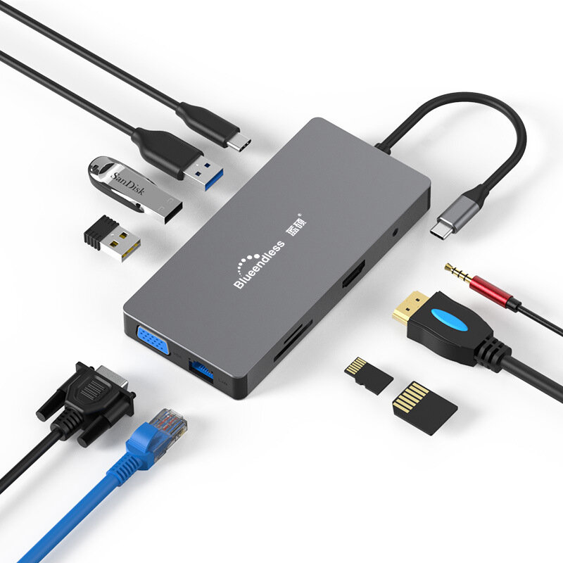 Blueendless BS101A 10 in 1 Type-C Docking Station USB-C Hub Splitter Adaptor with USB3.0*3 PD100W RJ45 1080P VGA 4K@30Hz