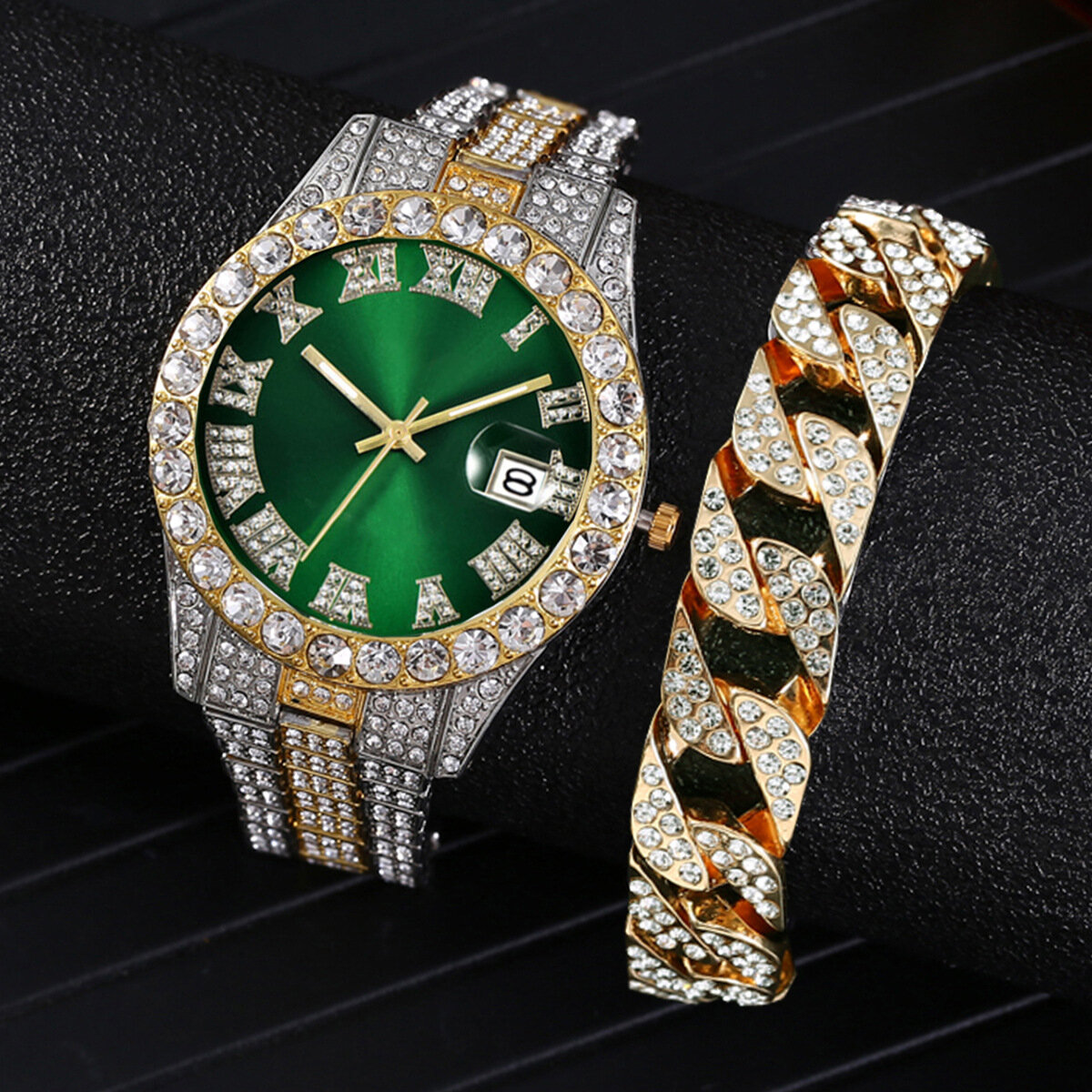 Fashion 2 Pcs/Set Alloy Diamond Business Watch Decorated Pointer Quartz Watch Bracelet