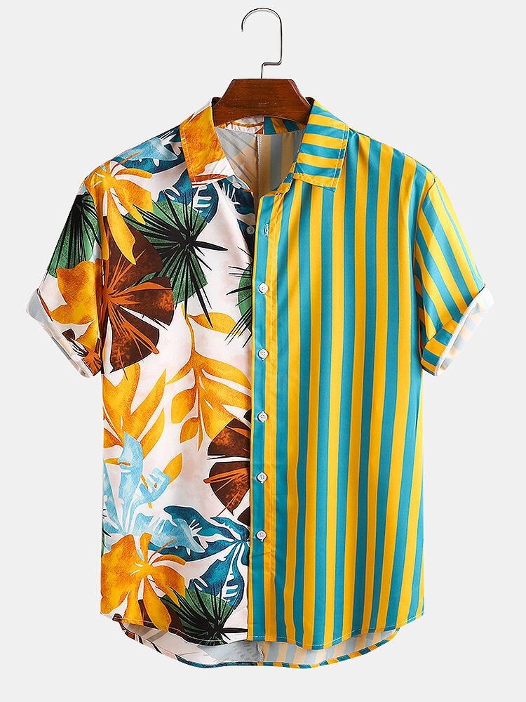 

Мужские тропические Лист Colorful Повседневные праздничные рубашки с короткими рукавами и смешанным принтом в полоску