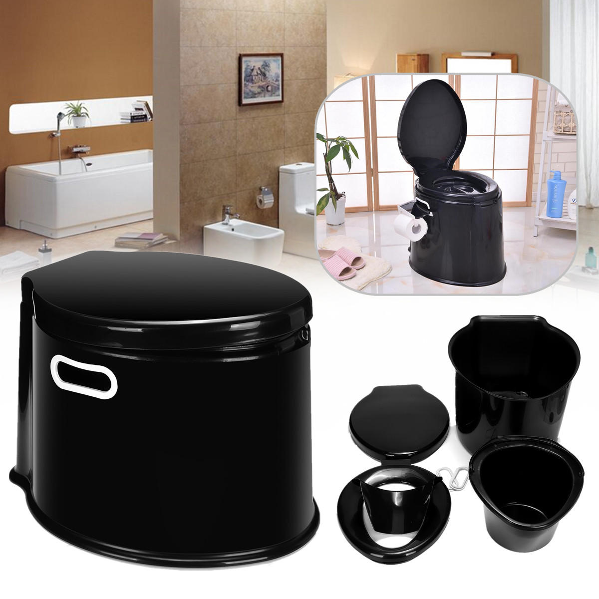 Outdoor Travel Plastic 5 Litre Camp Toilet Portable Camping RV Caravan Commode With Paper Hook