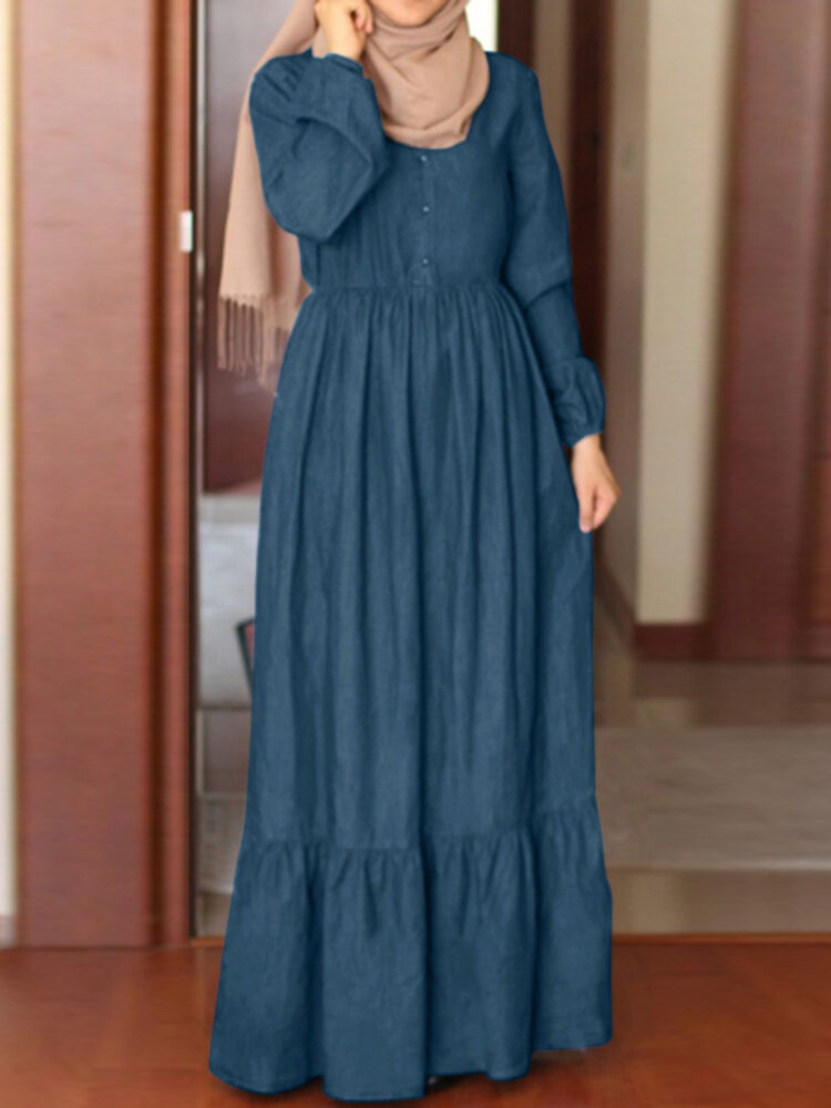 Dames button-down voorkant elastische taille effen kleur gelaagde jurk